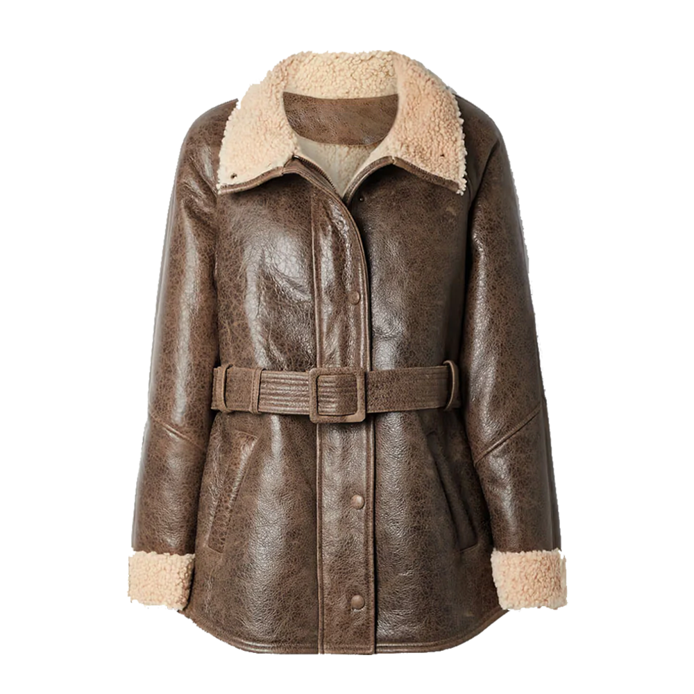 Exposed Cuff Espresso Distressed Leather Shearling Car Coat