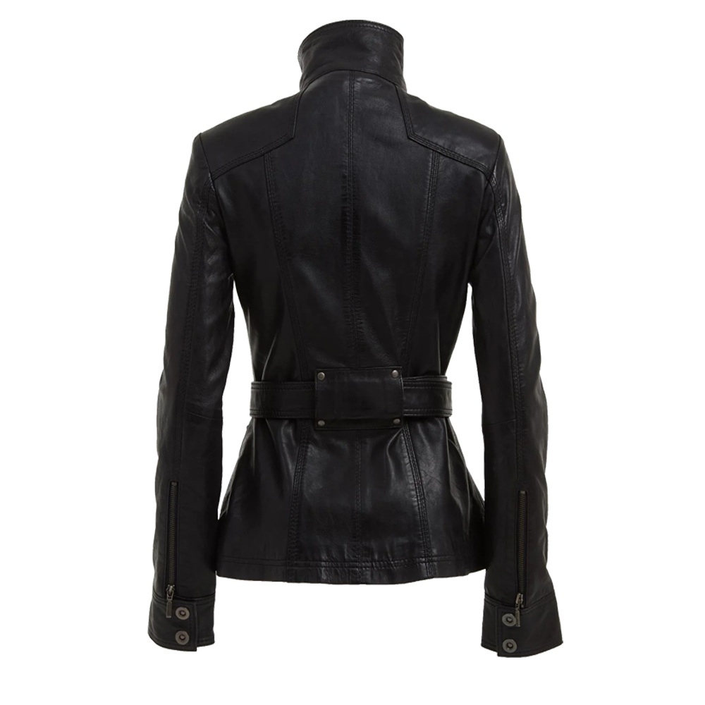 Military Inspired Black Belted Leather Jacket
