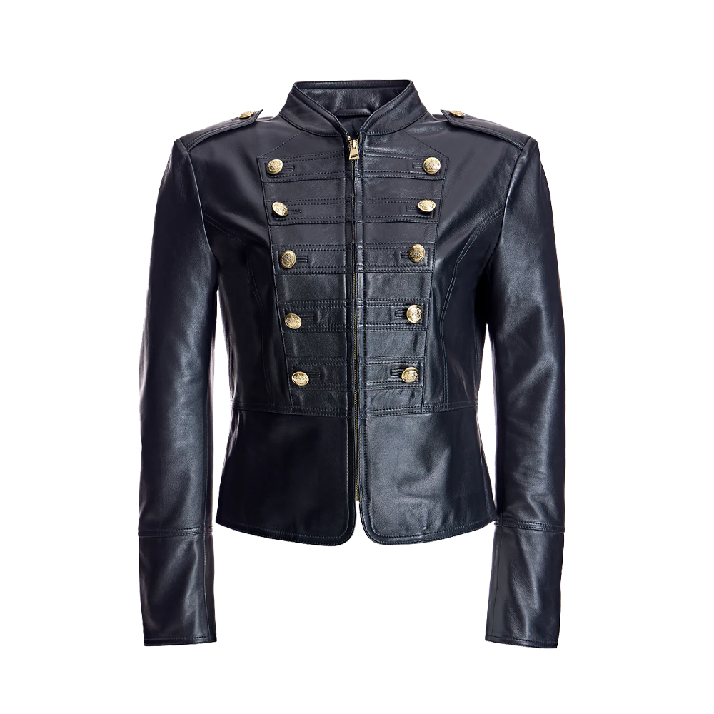Premium Midnight Gold Hardware Military Style Leather Jacket With Epaulettes
