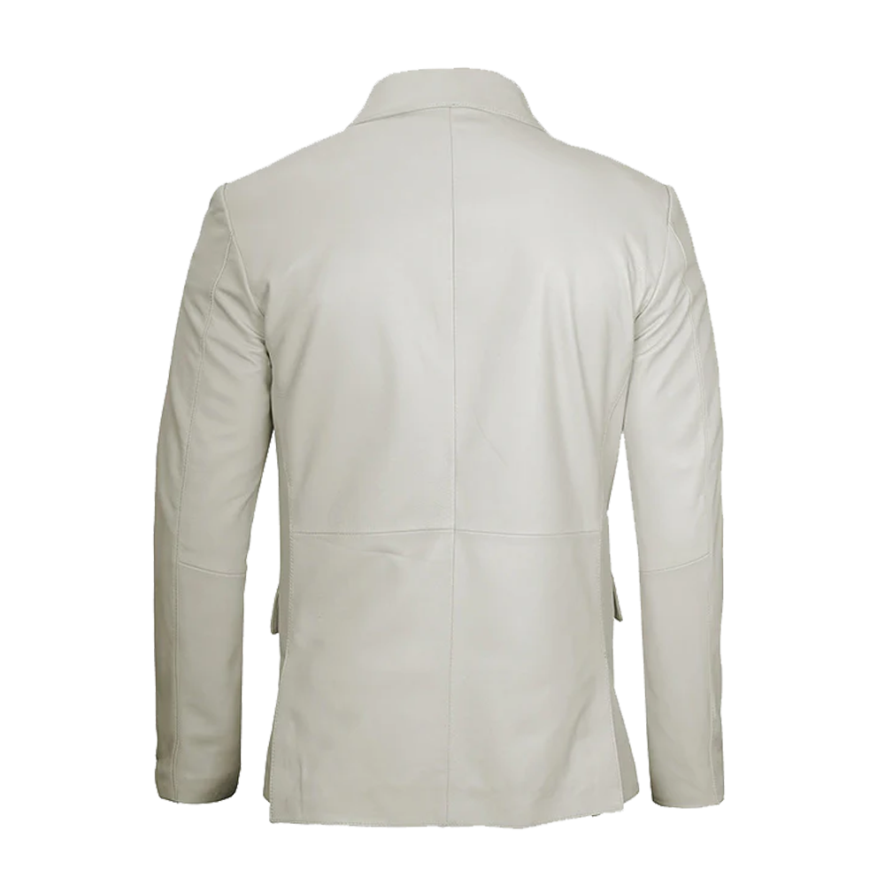 Signature Notched Lapel White Leather Two-Button Blazer