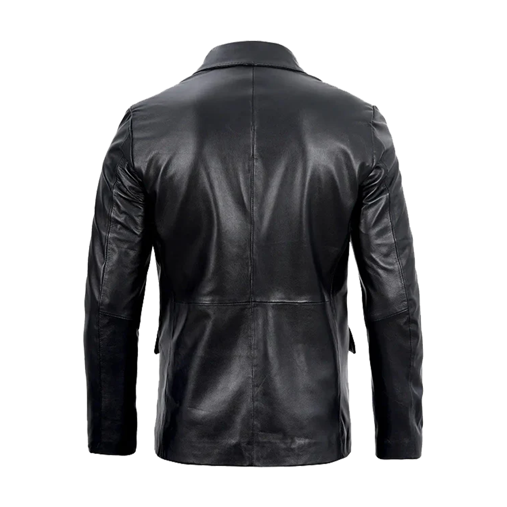 Notched Lapel Two-Button Black Leather Blazer