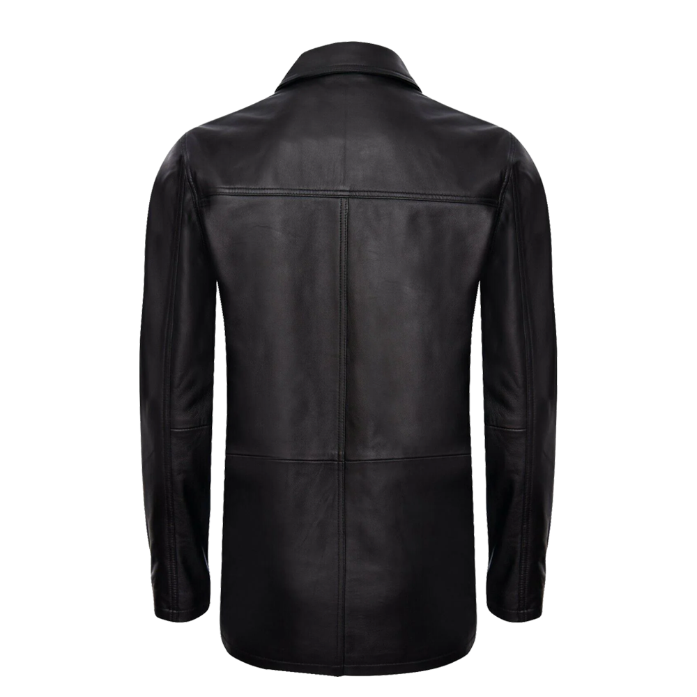 Classic Mid-Length Black Leather Safari Jacket