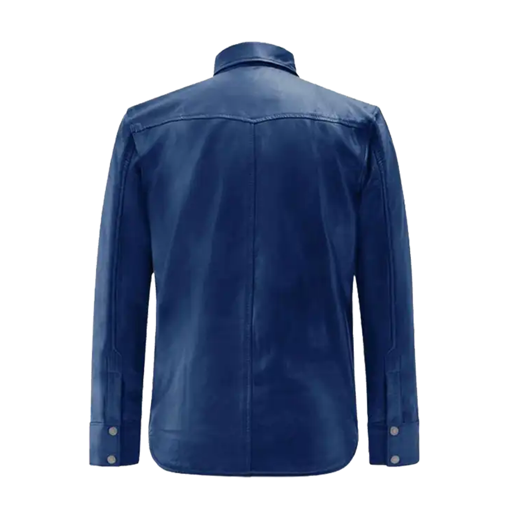 Navy Blue Snap Front Leather Overshirt