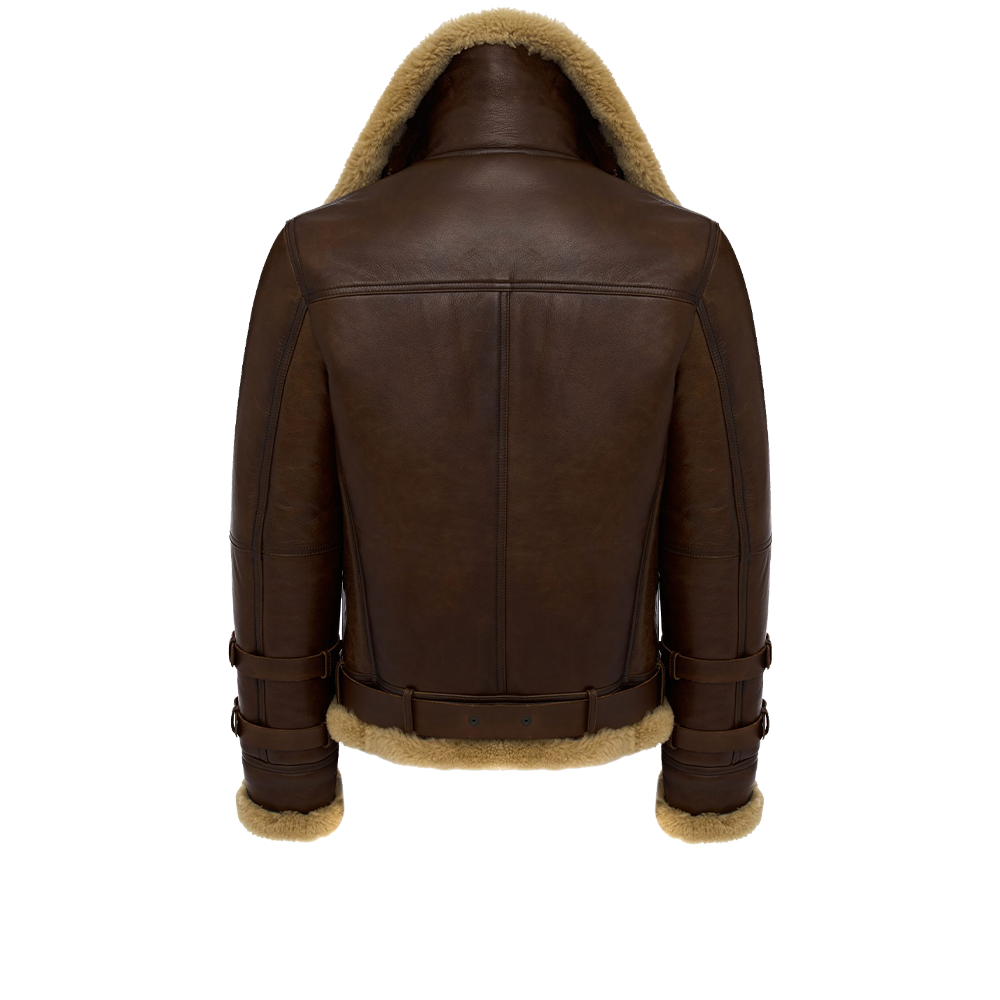 Buckled Waist Exposed Trim Chestnut Statement Shearling Jacket