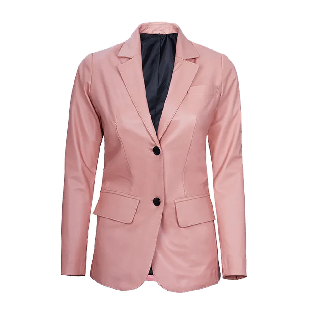 Tailored V-Neck Fitted Pink Leather Blazer