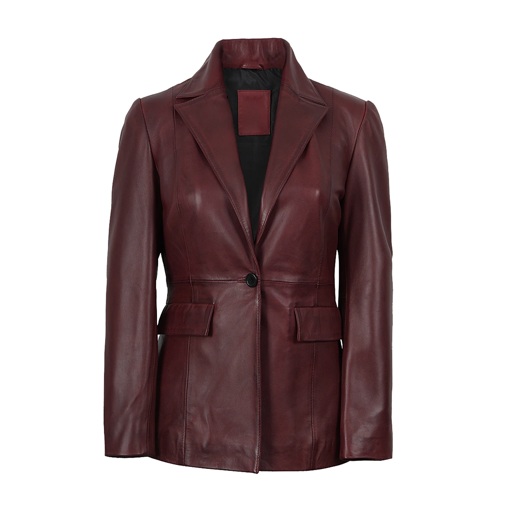 Premium Burgundy Notched Lapel Leather Blazer