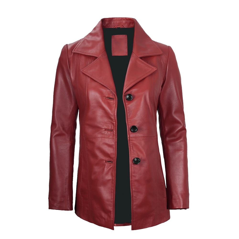 Premium Cherry Red Longline Three Button Leather Blazer