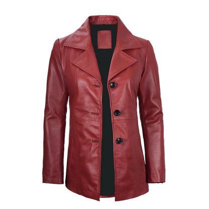 Premium Cherry Red Longline Three Button Leather Blazer