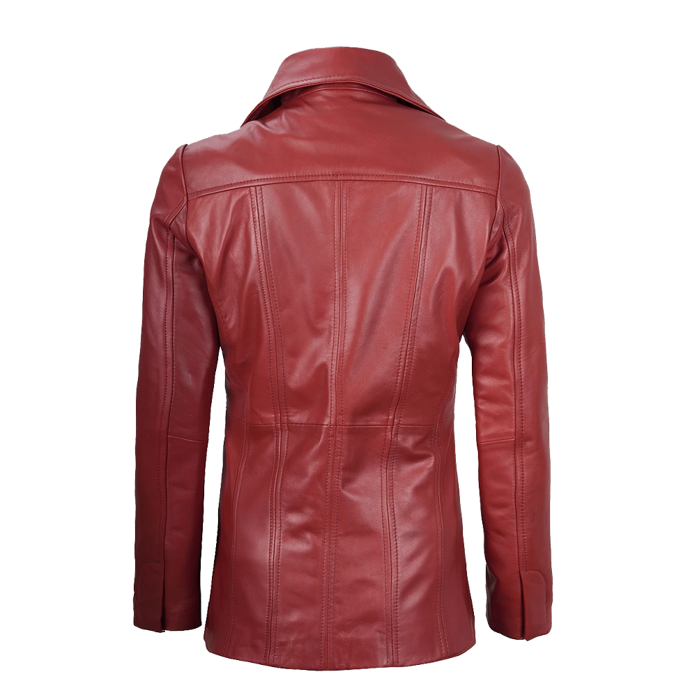 Premium Cherry Red Longline Three Button Leather Blazer