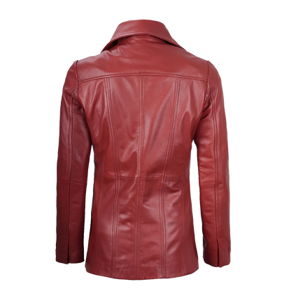 Premium Cherry Red Longline Three Button Leather Blazer