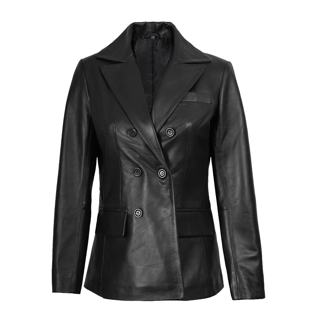 Black Leather Executive Peaked Lapel Six Button Blazer