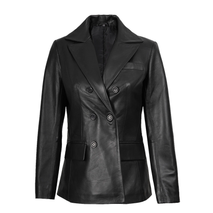 Black Leather Executive Peaked Lapel Six Button Blazer