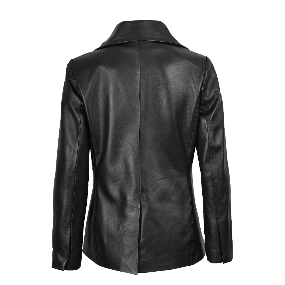 Black Leather Executive Peaked Lapel Six Button Blazer