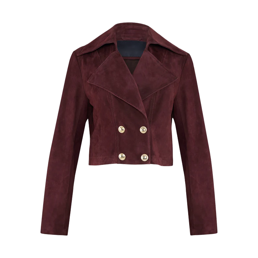 Deep Wine Matte Suede Tailored Double Breasted Blazer