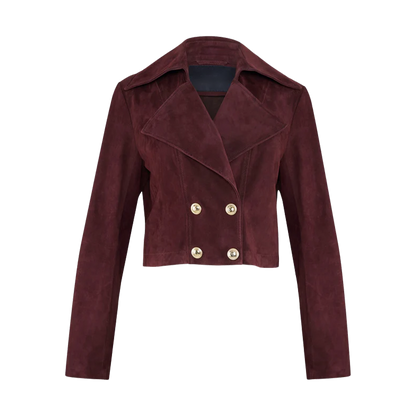 Deep Wine Matte Suede Tailored Double Breasted Blazer