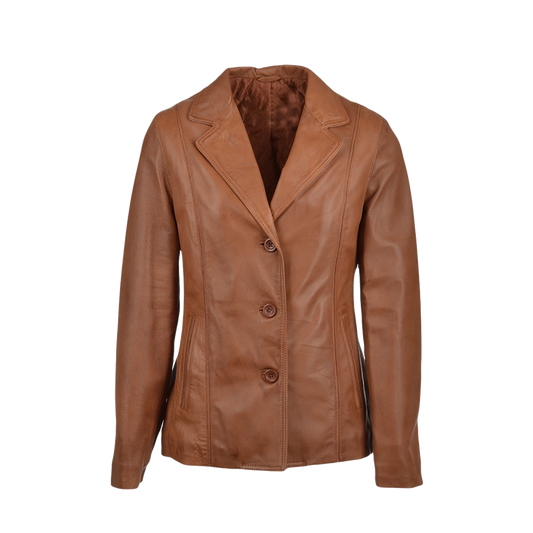 Classic Tailored Cognac Three Button Leather Blazer