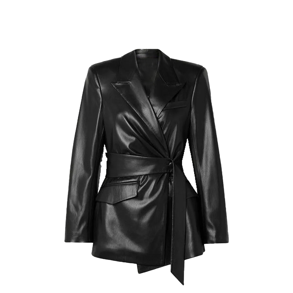 Liquid Shine Black Leather Peak Lapel Tailored Belted Blazer