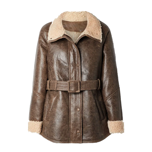Exposed Cuff Espresso Distressed Leather Shearling Car Coat