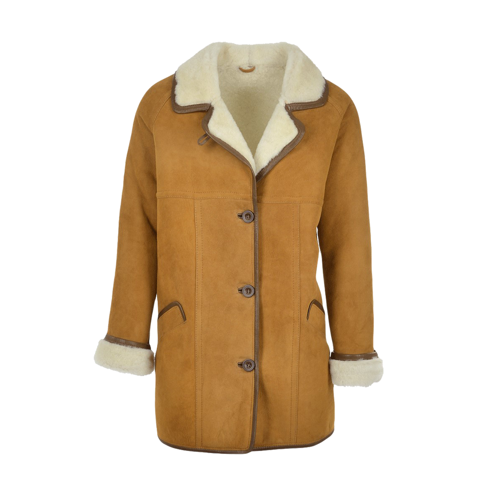 Cream Fur Lined Tan Suede Mid Length Car Coat