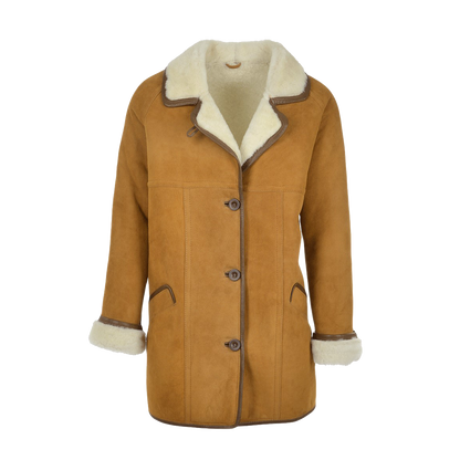 Cream Fur Lined Tan Suede Mid Length Car Coat