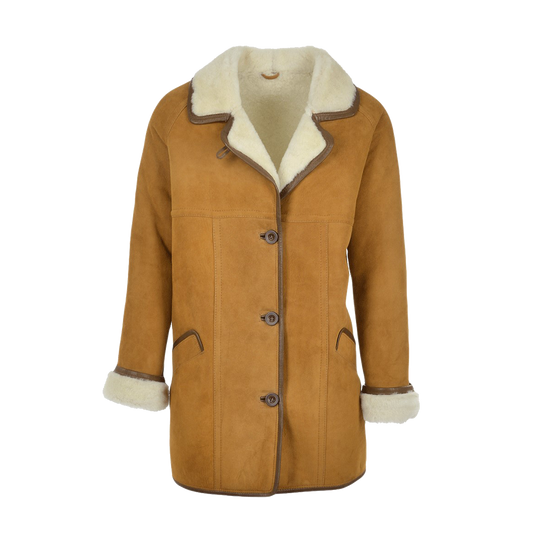 Cream Fur Lined Tan Suede Mid Length Car Coat