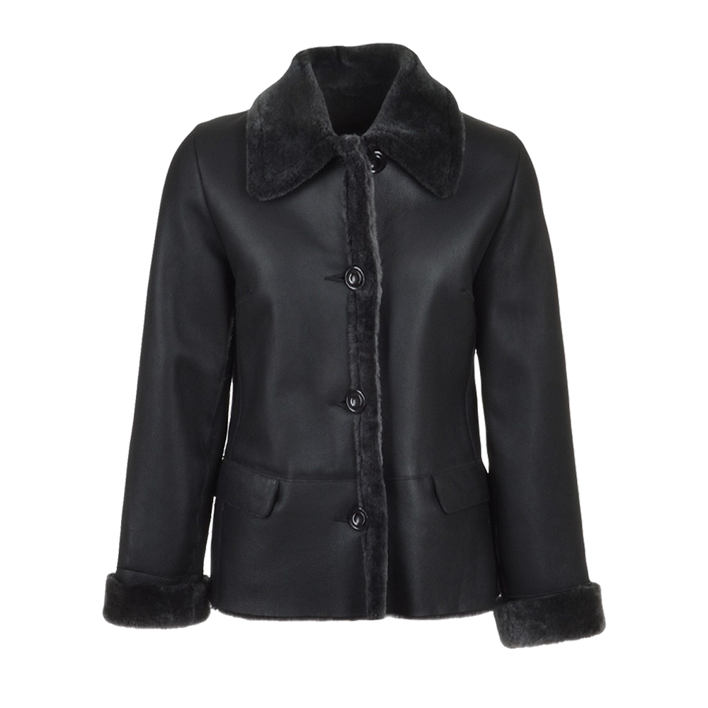 Black Nappa Flap Pocket Short Shearling Fur Coat
