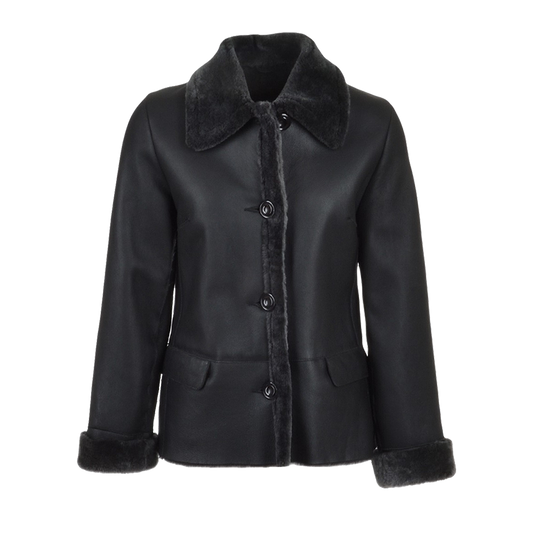 Black Nappa Flap Pocket Short Shearling Fur Coat