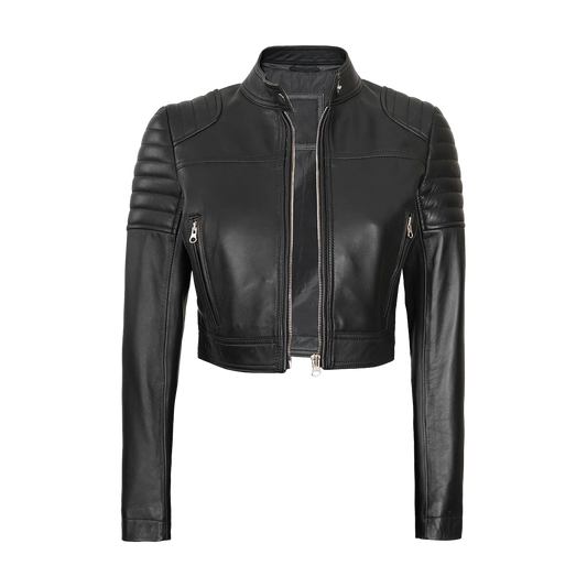 Black Cropped Leather Moto Jacket
