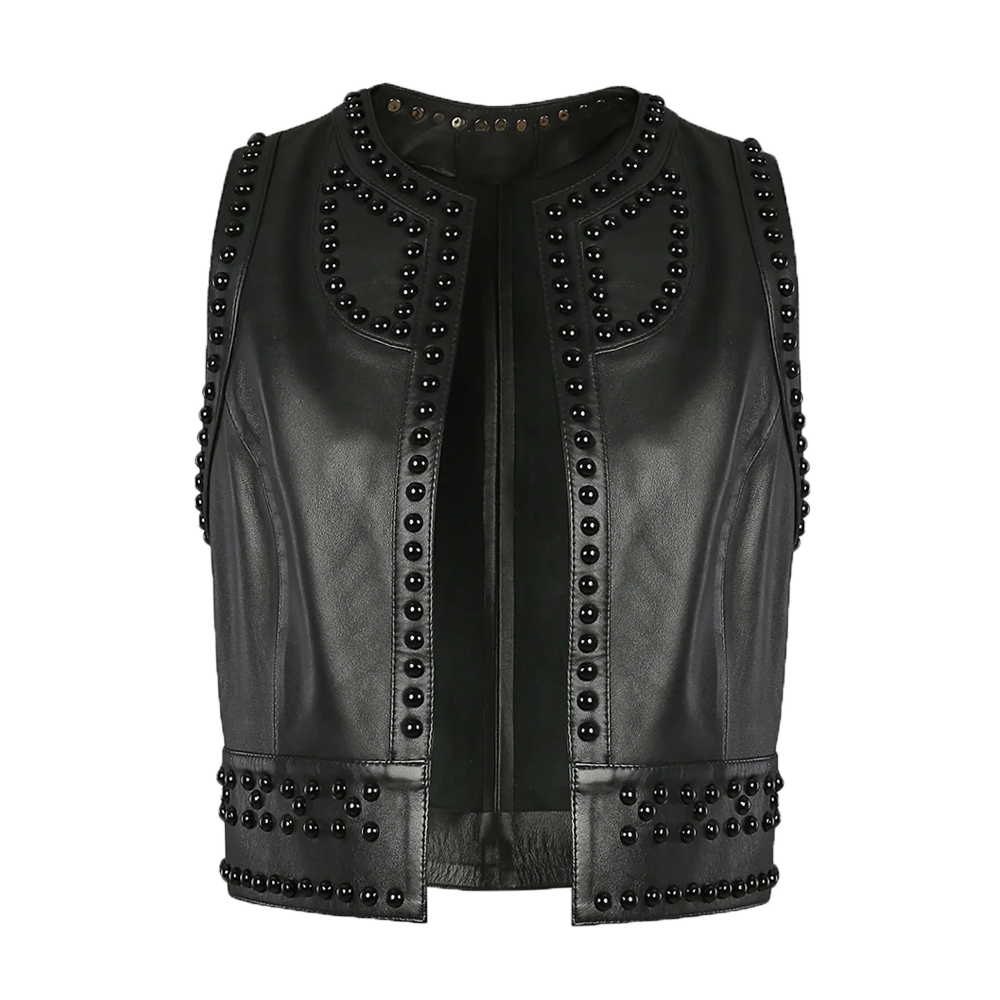 Black Studded Open Front Leather Vest