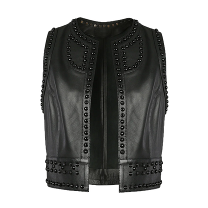 Black Studded Open Front Leather Vest