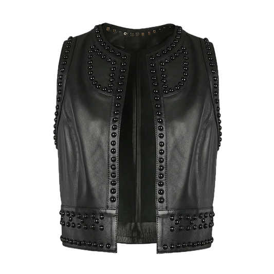 Black Studded Open Front Leather Vest