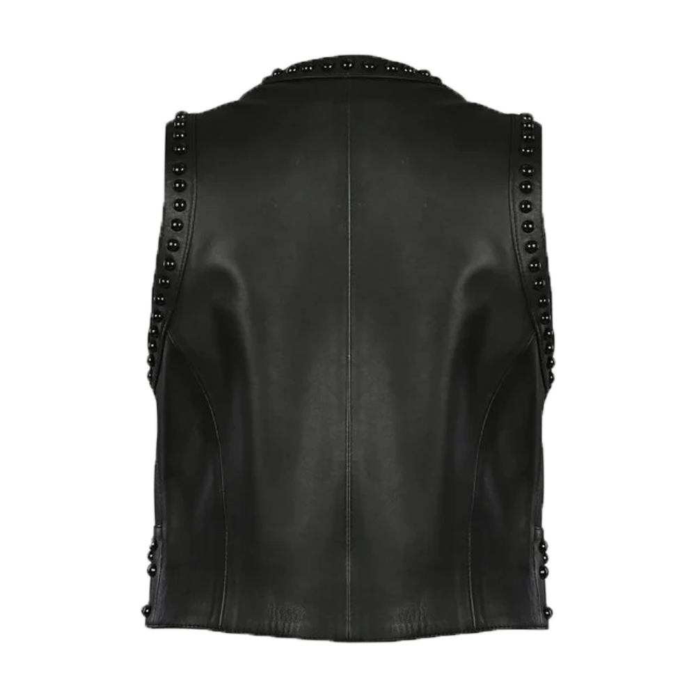 Black Studded Open Front Leather Vest