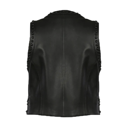 Black Studded Open Front Leather Vest