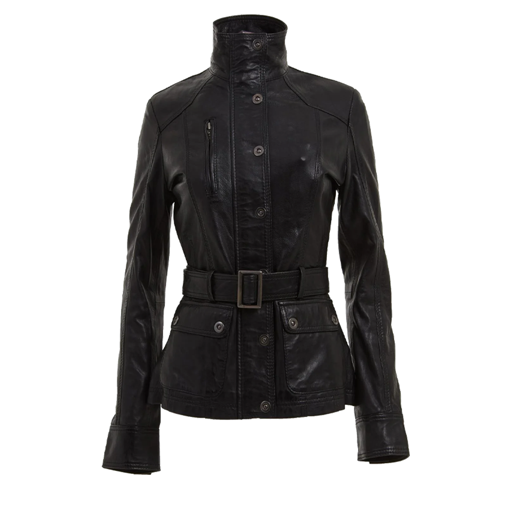 Military Inspired Black Belted Leather Jacket