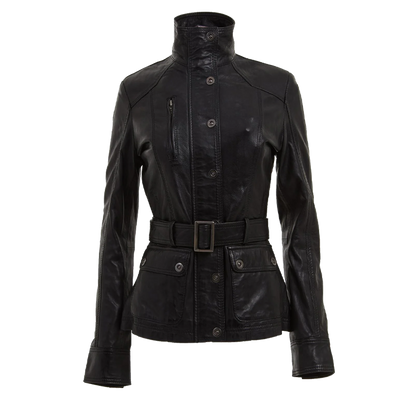 Military Inspired Black Belted Leather Jacket