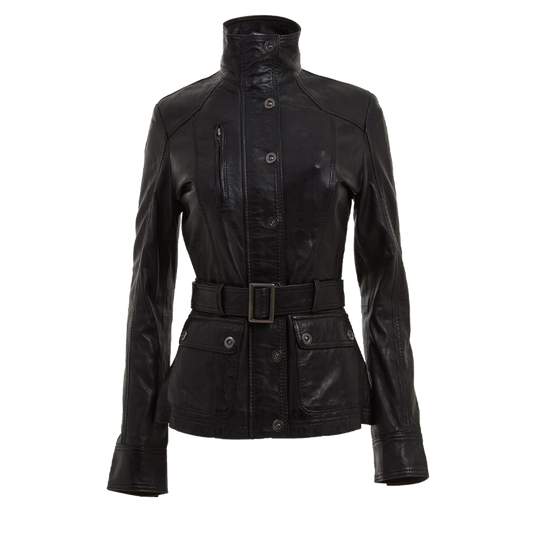 Military Inspired Black Belted Leather Jacket