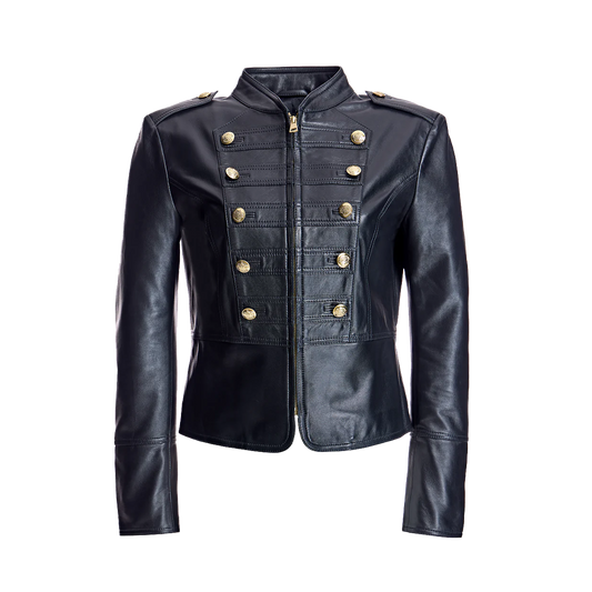Premium Midnight Gold Hardware Military Style Leather Jacket With Epaulettes
