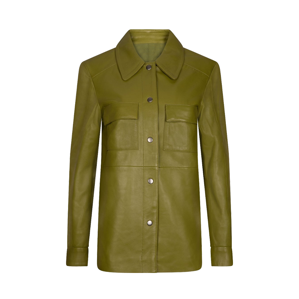 Moss Green Tailored Leather Shirt Jacket