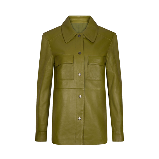 Moss Green Tailored Leather Shirt Jacket