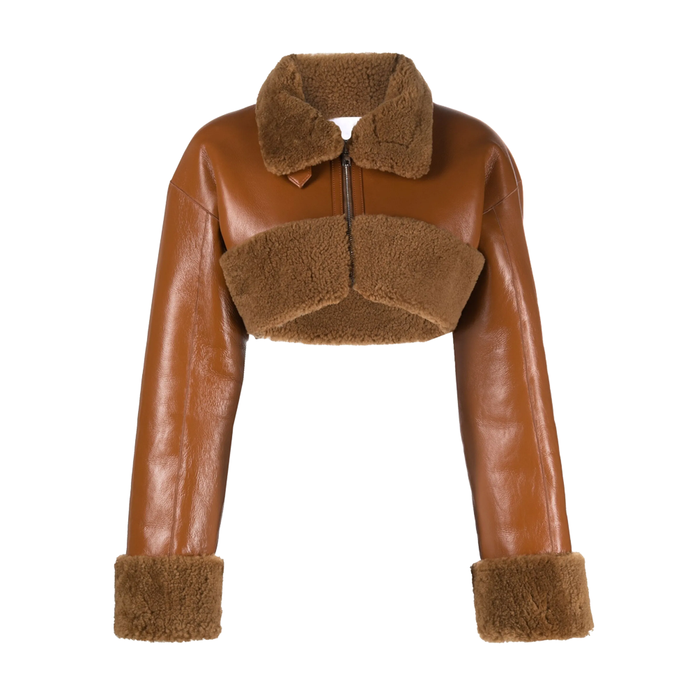 Caramel Brown Cropped Shearling Jacket