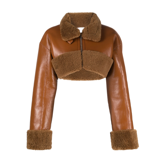 Caramel Brown Cropped Shearling Jacket