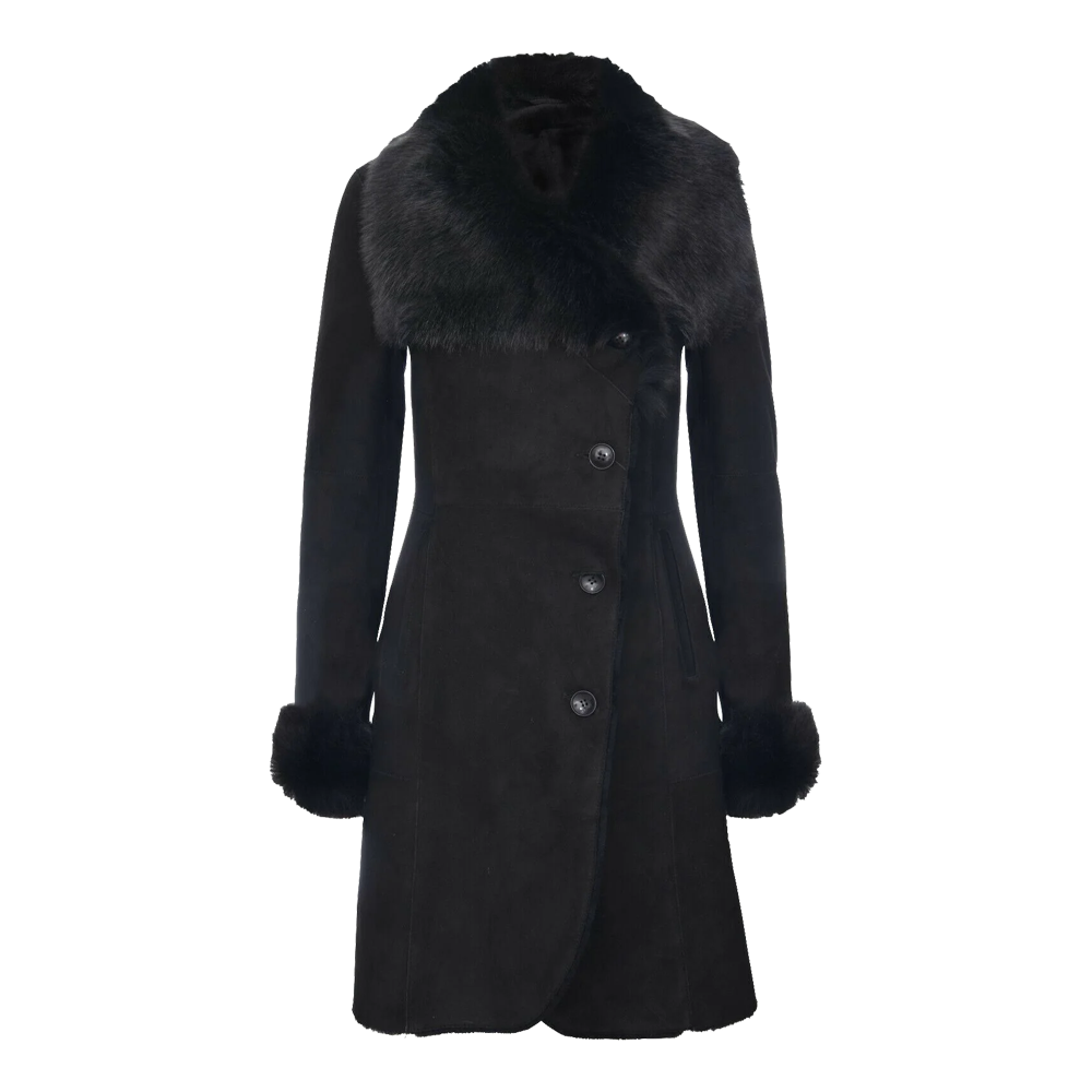 Long Black Shearling Coat with Toscana Trim