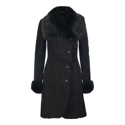 Long Black Shearling Coat with Toscana Trim