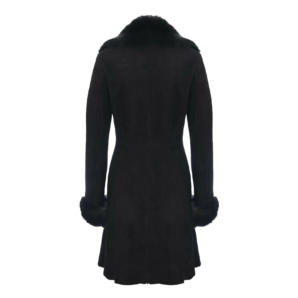 Long Black Shearling Coat with Toscana Trim