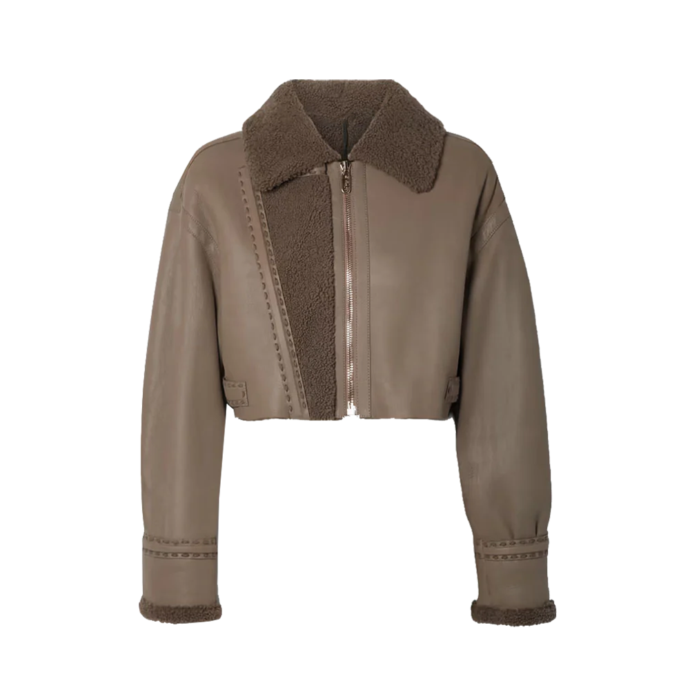Exposed Fleece Trimmed Taupe Statement Leather Outerwear