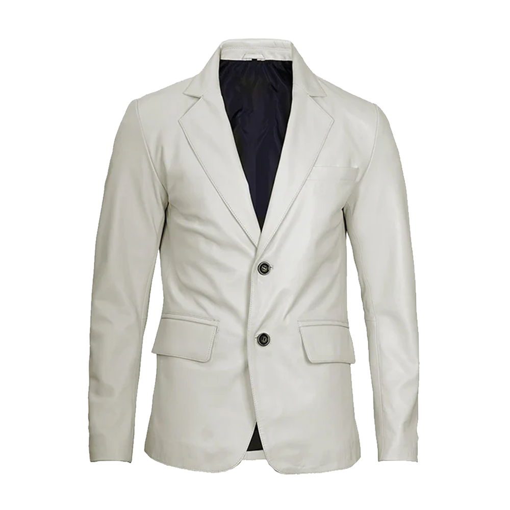 Signature Notched Lapel White Leather Two-Button Blazer