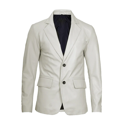 Signature Notched Lapel White Leather Two-Button Blazer
