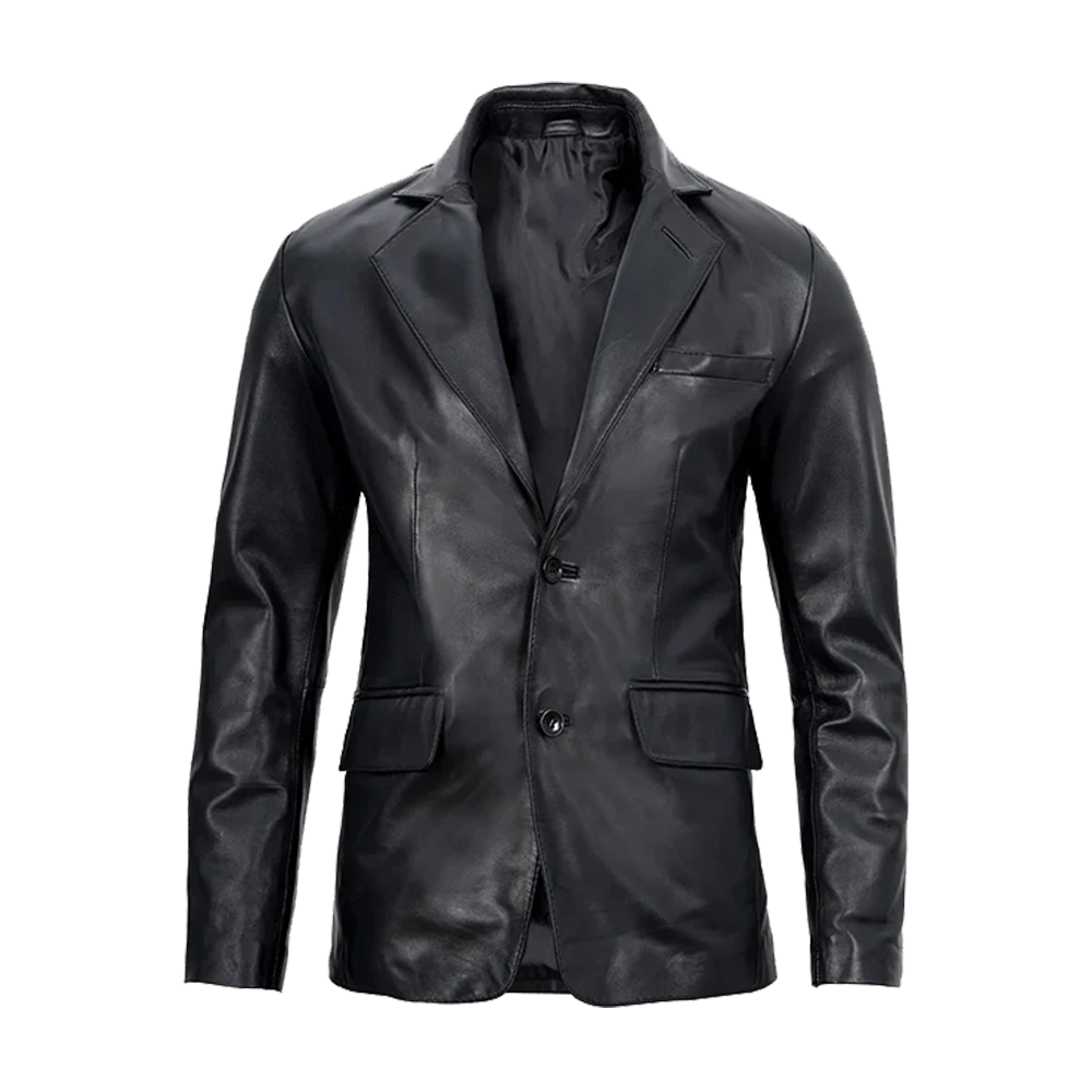 Notched Lapel Two-Button Black Leather Blazer