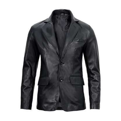 Notched Lapel Two-Button Black Leather Blazer