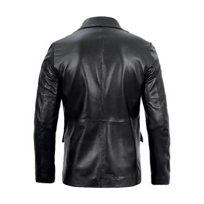 Notched Lapel Two-Button Black Leather Blazer